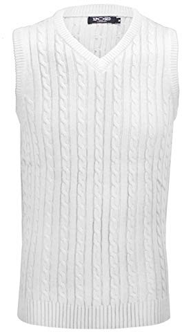 Xposed Mens Classic Cable Knitted Sleeveless V Neck Jumper Smart Casual Sweater Jersey Vest Top[V988,2XL,White]