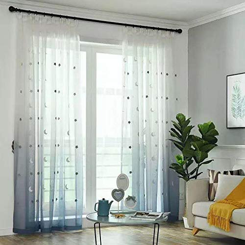 Lactraum Gardine Kinderzimmer Mädchen Junge Tranparent Bestickt Stern Mond Voile Gradient blau mit Kräuselband 100 x 245 cm (BxH)