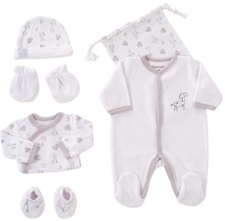 Set nascita 6 pezzi - 1 mese - Velluto bianco - Motivo: giraffa - (pigiama, body, berretto, guantini, scarpine e sacchetto per riporre il tutto) - Regalo neonato unisex maschio e femmina