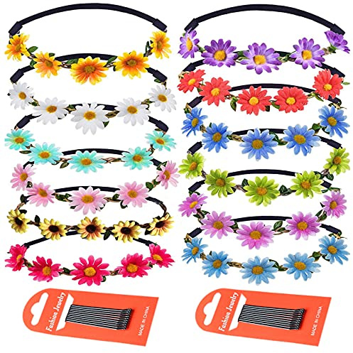 VEGCOO Fashion 12 Pieces Flower Garland Headband Bohemia Floral Crown for Women Girl Hair Accessories for Wedding Festival Party Multi Color (Daisy headband)