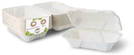 BIOZOYG caja de hamburguesa de caña de azúcar con tapa abatible I 500 piezas aperitivos compostable de bagazo-biodegradable I caja de menú cuadrada I caja para llevar 22,9 x 15,5 x 7,7 cm 500 piezas