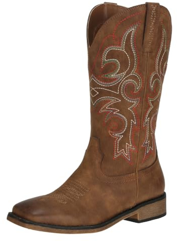 J's.o.l.e Women's Western Cowboy Square Toe Cowgirl Boots Mid Calf Brown US Size 9