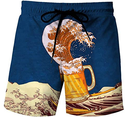 Swim Shorts Uomo,Costume Da Bagno Da Uomo, Pantaloncini Da Spiaggia Con Motivo Boccale Di Birra Stampati In Digitale 3D, Pantaloncini Da Surf Semplici Ad Asciugatura Rapida Con Coulisse Per Surf, Sp
