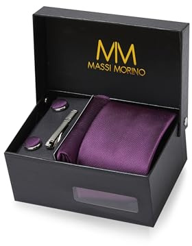 Massi Morino Krawatte Lila mit Einstecktuch Set Herren inkl. Manschettenknöpfe, Krawattennadel und Geschenkbox | Männer Krawattenset zur Hochzeit
