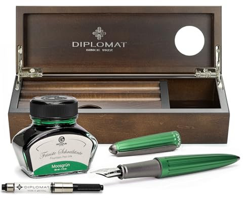 Diplomat Aero Füllhalter Set in grün mit Edelstahlfeder M und farblich perfekt passender Füllertinte im Tintenglas, Tintenkonverter und Stifteablage aus Holz - Wenge, Schreibset