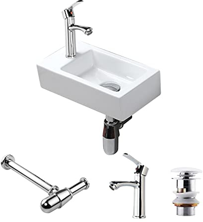 CROSS ZEBRA Lavabo de cerámica montado en la pared Rectángulo Tamaño pequeño con grifo Sifón Blanco Recipiente de diseño moderno simple y elegante Fácil de instalar y limpiar para bañ (Mano izquierda)