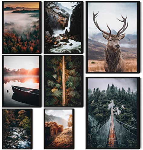HappyArts® | Premium 8er Poster Set | Bilder Wohnzimmer Deko Schlafzimmer | Natur Hirsch Collage Wald See Berge (ohne Rahmen) …