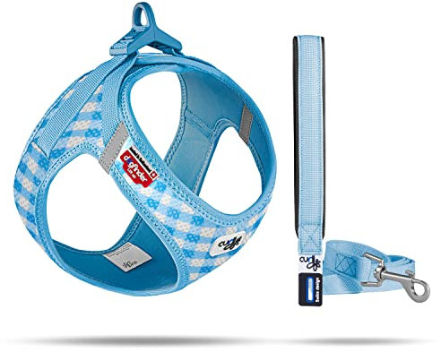 Vest Harness curli Clasp Air-Mesh SkyBlue-Caro M & Leash L