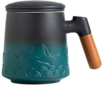 ZENS Tea Infuser Mug With Lid, 500ml Gradient Embossed Loose Leaf Ceramic Steeping Cup, Rosewood Handle, for Gifts - Black & Green