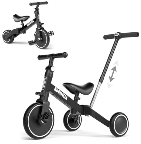 KORIMEFA 4 in 1 Kinder Laufrad Dreirad, Kinderdreirad Laufräder Lauffahrrad mit höhenverstellbarer Schubstange PU-Sitz, Lauflernrad Abnehmbarer Pedale ab 1 Jahr (Schwarz（mit Schubstange）)