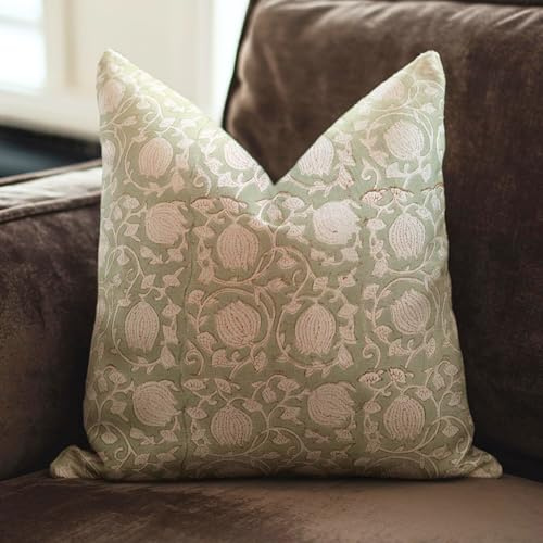 Fabritual Block Print Pillow Covers 14x14 Inch – Solid Handmade Cotton Linen Cushion Cover with Floral Print, Invisible Zipper, Soft Handloom Throw Pillowcase Sofa Set Light Green Color, Six Kamal