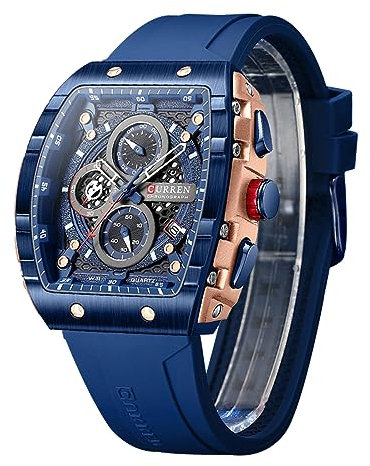 FORSINING Herren-Armbanduhr, modisch, analog, Quarz-Armbanduhr für Herren, rechteckig, großes Zifferblatt, Silikonband, wasserdicht, Militäruhr, Kalender, Datum, dunkelblau, Militär