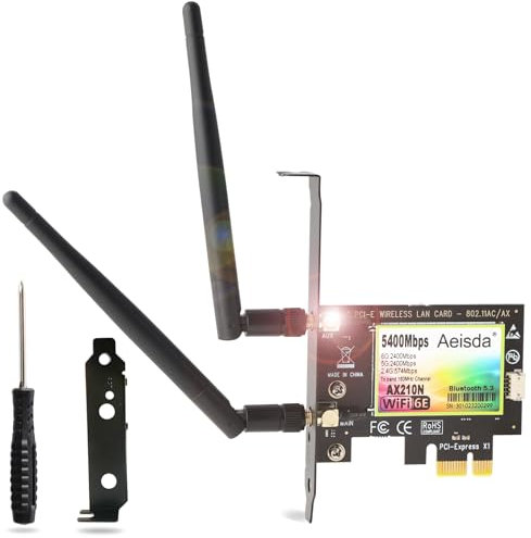 Aeisda WiFi 6E Tarjeta WiFi PCIe 5400Mbps con Bluetooth5.3, Intel WiFi 6E AX210, Tri-Bands(6GHz/5GHz/2.4GHz) Tarjeta Wi-Fi 6 para PC Windows 11/10(64Bit)
