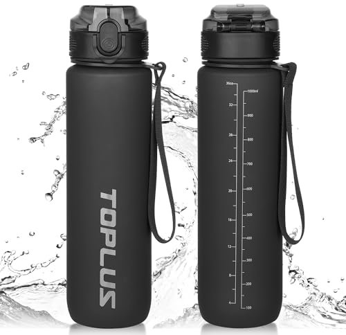 TOPLUS Sports Water Bottle 1L, BPA-Free Tritan Plastic Water Bottle for teenagers, adults, sports, hiking, gym, fitness, outdoor activities, cycling, school and office，Black (Black-1l)