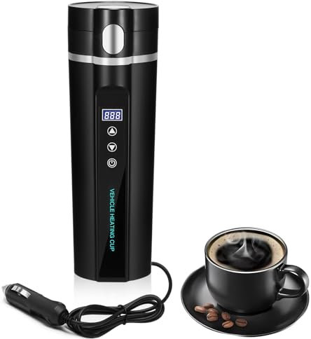 ONEVER Bouilloire électrique de voyage 24 V/12 V pour voiture/camion, 450 ml, tasse à eau chauffante avec écran LCD, contrôle de la température, tasse à café portable, noir
