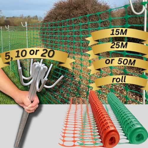 Smith & Barker GALVANISED 5,10, 20 Premium Fencing Pins with 15M 25M 50M Temporary Barrier Fence Mesh Outdoor Garden Plastic Netting Mesh Fence Stakes Posts Metal (15M Green with 5 Pins)