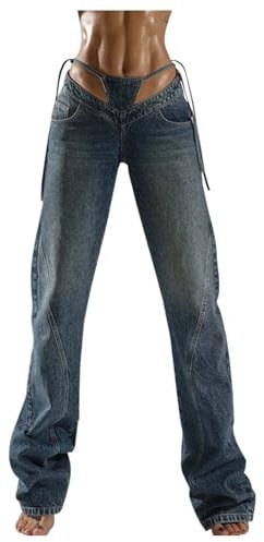 Generisch Jeans elasticizzati da donna a vita alta, con design a V, tubo dritto, semplice, basic, Blu, M