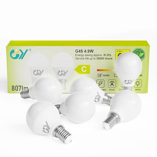 GY 4.9W Bombilla LED E14 Luz Cálida 3000K 807LM (Equivalente a 60W), Bombillas Bajo Consumo G45 Rosca fina, No Parpadean, No Regulable, 6 Pieza