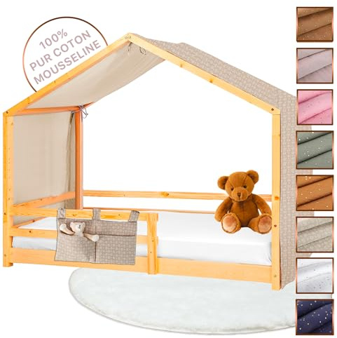 Lovely Hippo Tela Cama Casita para Cama Montessori - Dosel Cama Compatible Cama Casita Montessori 80x160 y 90x200 cm (Beige Follaje + Bolsa de Almacenamiento, Modelo 2 + Bolsa de Almacenamiento)