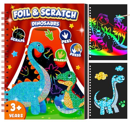 CutteeyFyry Folienspaß FüR Kinder,Dinosaurier Folienspaß &Scratch Painting Kunst Set 2-In-1,Foil Art Bastelset FüR Kinder Alter 3-10,Geburtstag Weihnachten Reise Spielzeug Geschenk FüR Junge