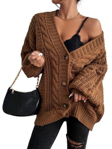 Cardigans for Women Uk - Womens Oversized Chunky Open Front Cardigan Sweaters Autumn Winter Cable Knit Long Sleeve Button Down Cardigans Outwear Coats 40th Birthday Gifts for Women,Brown,L,u787k