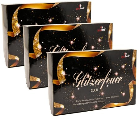 Pyroland Glitzerfeuer Gold, 36 Eisfontänen Zaubersterne (3 x 12'er), Tischfeuerwerk für Geburtstag, Hochzeit und andere Feiern