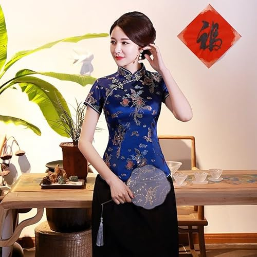 Blusa de satén dorado para mujer, blusa tradicional de estilo espiga con diseño de dragón, camisa china vintage para verano, opciones azul marino y rojo vino (XL, azul marino)