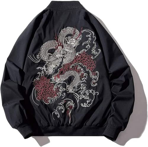 XYXIONGMAO Japanese Dragon Men'S Hip-Hop Clothing Oversized Men Bomber Jacket Couple Streetwear Pilot Jacket(Black,L)