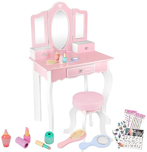 Green series Kinderplay Coiffeuse Enfant en Bois avec Miroir et Tabouret | Coiffeuse Petite Fille avec Accessoires - Coiffeuses pour Enfants, GS3300