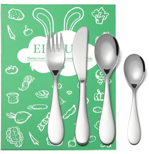 Kids Silverware Set, EIUBUIE18/10 Stainless Steel Metal Toddler Utensils, Safe Reusable Child Cutlery Flatware Includes Fork Knife Table Spoons for Eating(4 Piece, Mirror Polished)