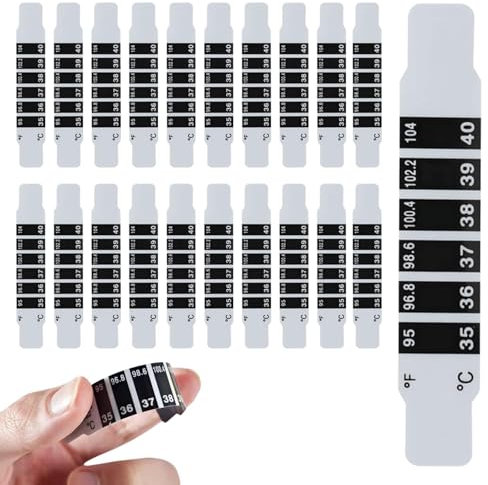20 Stück Stirnthermometerstreifen für Kinder, wiederverwendbare Stirn-Fieber-Temperaturaufkleber, Fieberstreifen, Ohrthermometer-Aufkleber mit 20 Handbüchern für den Heimgebrauch auf Reisen