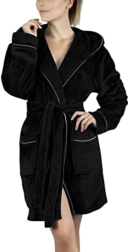 Gräfenstayn Peignoir Femme moelleux avec Capuche - Polaire moelleuse - Oeko-Tex Standard 100 - Peignor de bain Court - Taille (S, Noir)