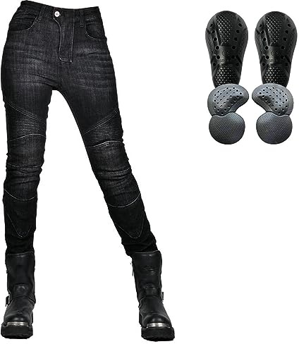 HOMDECR Femme Pantalon Moto,Jeans Moto Très Extensible Respirant Imperméable Randonnee Pantalon De Travail Cargo Racewear avec 4 Protéger Pads Amovibles (Noir,L)