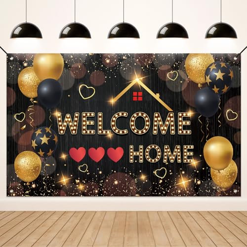 Koliphy Pancarta de Welcome Home, Decoración de Bienvenida a Casa para Regreso a Casa, Familiar Reuniones, Familiar Regreso, Bienvenida a Casa Pancarta 180 x 110cm(Oro Negro)