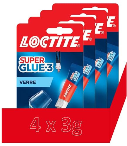 Super Glue-3 Vidrio, pegamento potente para enlaces de vidrio sobre vidrio, pegamento líquido resistente al agua y a los detergentes, transparente (4 x 3 g)