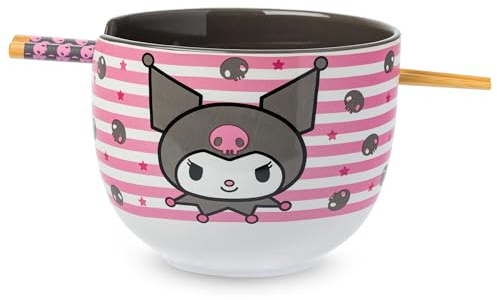Silver Buffalo Hello Kitty and Friends Kuromi Skulls and Stars Ceramic Ramen Noodle Rice Bowl with Chopsticks, Microwave Safe, 20 Ounces