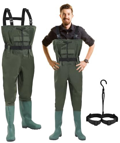 Hebitod Wathose Anglerhose, 70 Denier Nylon, PVC Herren Angelhose, wasserdichte Fischteichhose mit Gummistiefeln, Bund, Taschen und Haken, für Angeln, Bauernhöfe, Gärten