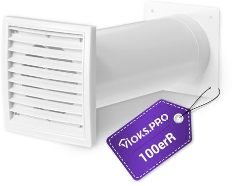 Viоks.pro Traversée murale - 100 mm - Système de raccordement rond extensible - Blanc - Avec clapet anti-retour et grille extérieure - Tuyau de protection contre les intempéries - Pour sèche-linge à