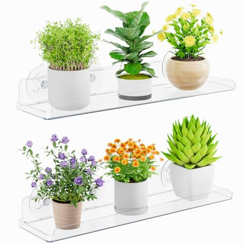 Lifewit Estanterias Plantas para Ventana, 2 Pack 38cm Baldas flotantes para Plantas Suculentas Interiores y Verduras en Miniatura, Repisas con Estante de Ventosas Acrílicas para Baño/Habitacion