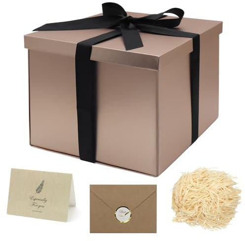 GOIYZTTR Geschenkbox mit Deckel 23 * 23 * 18cm Tiefe Geschenkbox Roségold Groß Geschenkboxen Roségold mit Schleife Grußkarte und Bast Geeignet als Geschenkverpackung