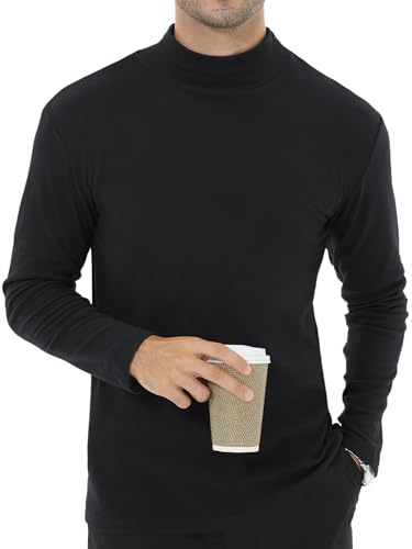 Tyhengta Long Sleeve Tops Men Fleece T-Shirt Winter Thermal Tops Mock Neck Underwear Casual Fleece Baselayer Black, L