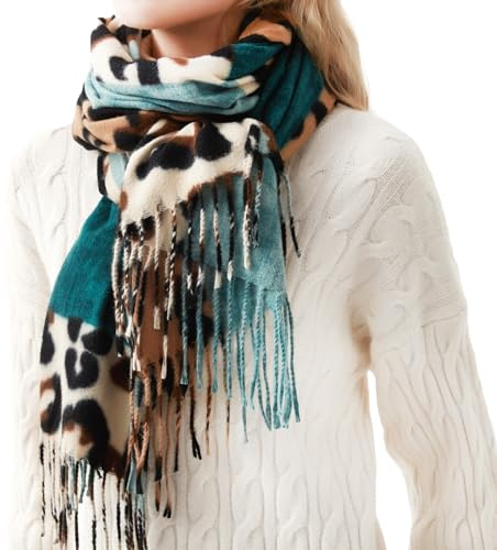 Soudittur Grande Taille Femmes Echarpe Hiver Mode Léopard Motif Châle XXL Pashmina Élégant Accessoires avec Gland Cachemire Imitation(Vert)