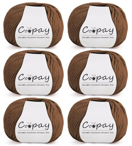 Coopay Merinowolle zum Stricken & Häkeln, 6x50g Weiche Merino Wolle aus 100% Schurwolle, Nadelstärke 2,0-3,5mm - Dunkles Kaffe