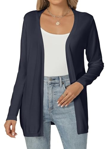 Famrrifuu Gilet Long Femme Cardigan Manches Longues Ouverte Devant Elegant Casual Veste Léger Gilet Été Printemps, Bleu, XL