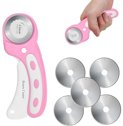 45mm Rotary Cutter for Fabric with 5pcs Extra Blades, Rotary Cutter ，Rotary Cutter with Safety Lock for Fabric, Leather, Crafting, Sewing, Quilting, Fabric Rotary Cutter Perfect for Left & Right Hand