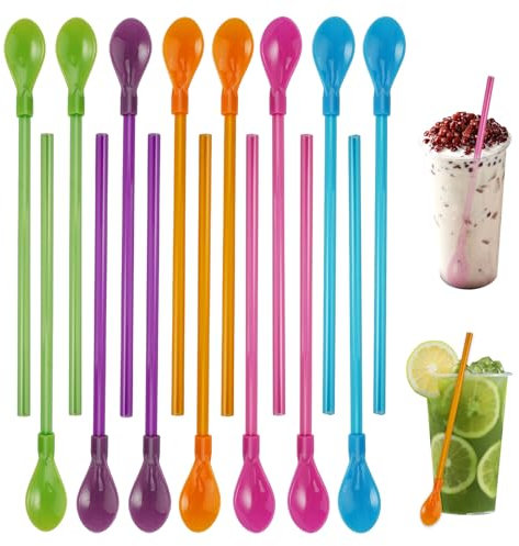 15 Pezzi 2 in 1 Cucchiaio di Paglia Cannuccia Riutilizzabile, Cucchiaio a Cannuccia in Plastica Colorata, Colorate Rimovibile Cannucce Cucchiaio per Bere, Succhi e Cocktail, Gelato, Caffè, Senza BPA