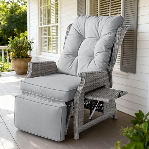 COMLAX FIELD Garden Recliner Chairs, Rattan Reclining Sunlounger with Thick Cushions, Adjustable Sun Lounger with Flip Table for Indoor Outdoor, Lignt Grey