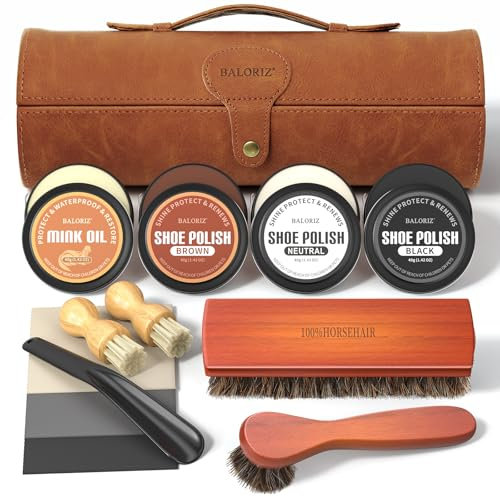 BALORIZ Leather Shoe Polish Kit For Men - 13Pcs Shoe Shine Kit with Shoe Polish, Mink Oil, Horsehair Brush Kit for Leather Boot Shoe Care Kit Christmas Birthday Gifts