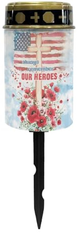 Merkmak Personalized Solar Lights for Cemetery Gravesite Pathway Lights Solar Powered Memorial Flameless Candle, American Flag Cross Print Lamp 1 Pack Cemetery Decorations for Prayer