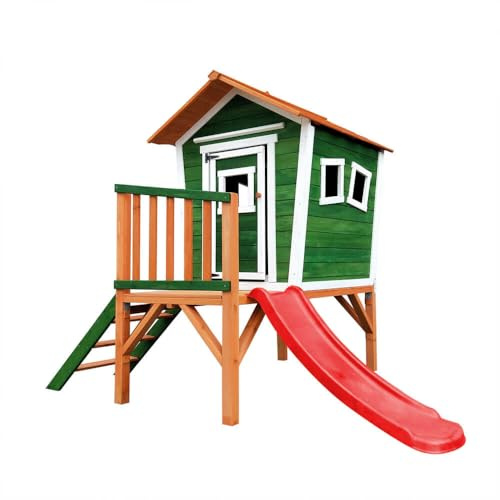 Home Deluxe Spielhaus auf Stelzen Pino inkl. Rutsche - Grün I Holz-Kinderhaus für Garten & Outdoor-Spielspaß